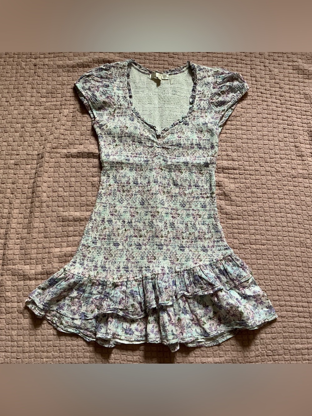LoveShackFancy XS Floral Ruffle Hem Knit Short Sleeve Dress - Lavender & Cream
